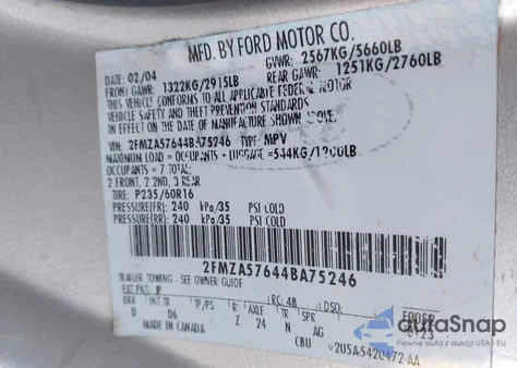 2004 Ford Freestar Ses z USA, uszkodzony, nr VIN 2FMZA57644BA75246